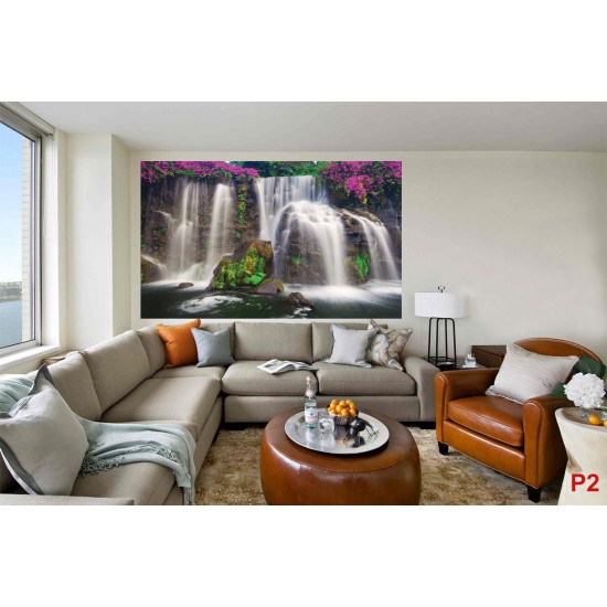 Wallpapers mural wonderful forest waterfall and pink flowers