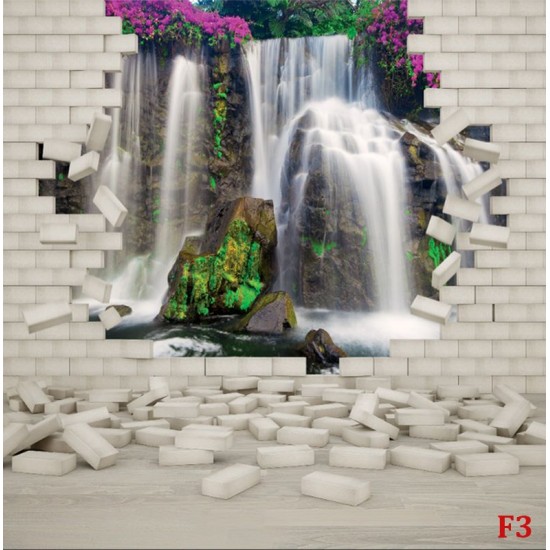 Wallpapers mural view of a waterfall with flowers through a brick wall