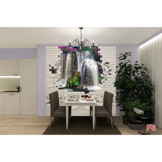 Wallpapers mural view of a waterfall with flowers through a brick wall