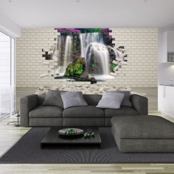 Wallpapers mural view of a waterfall with flowers through a brick wall