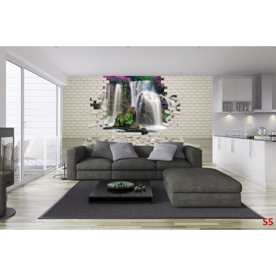 Wallpapers mural view of a waterfall with flowers through a brick wall