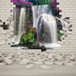 Wallpapers mural view of a waterfall with flowers through a brick wall