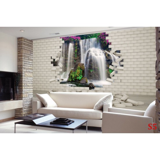 Wallpapers mural view of a waterfall with flowers through a brick wall