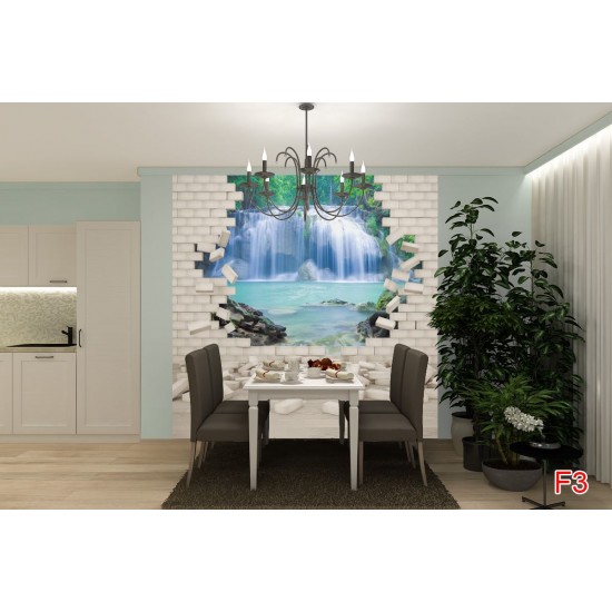 Wallpapers mural view of a waterfall through a brick wall Wallpapers mural view of a waterfall through a brick wall