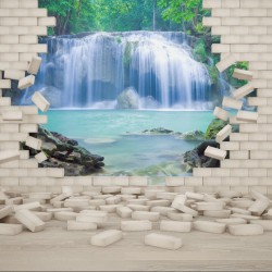 Wallpapers mural view of a waterfall through a brick wall