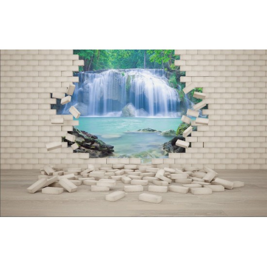 Wallpapers mural view of a waterfall through a brick wall Wallpapers mural view of a waterfall through a brick wall