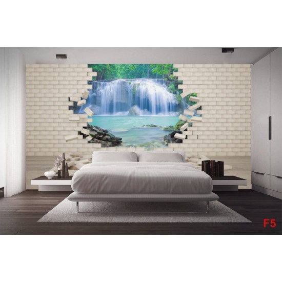 Wallpapers mural view of a waterfall through a brick wall Wallpapers mural view of a waterfall through a brick wall