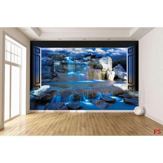 Wall mural 3D view night waterfall with imitation of doors in 2 colors