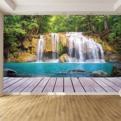 Wall mural view of a waterfall with a wooden platform Wall mural view of a waterfall with a wooden platform