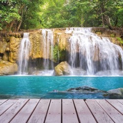 Wall mural view of a waterfall with a wooden platform