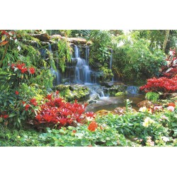 Photo mural garden waterfall with red plants Photo mural garden waterfall with red plants