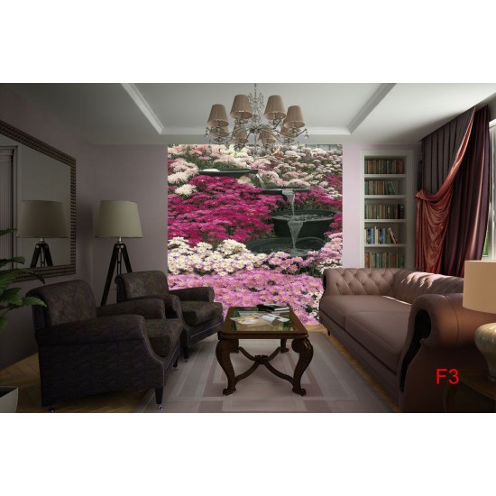 Photo mural garden waterfall with pink flowers Photo mural garden waterfall with pink flowers