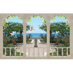 Wallpapers Arch classic with view of the garden and pigeons