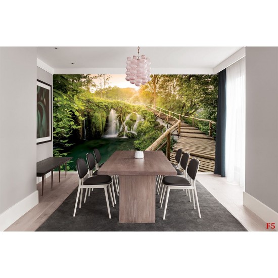Wallpapers mural forest bridge along waterfall