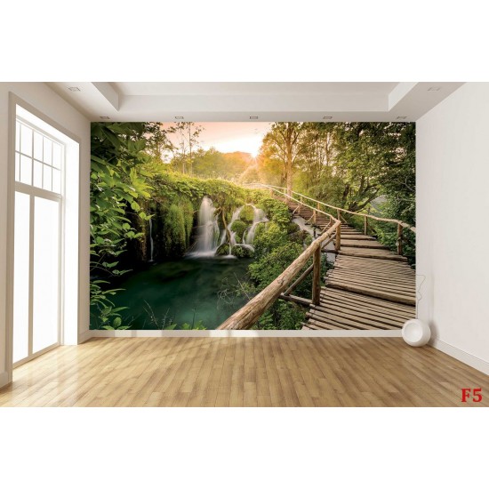 Wallpapers mural forest bridge along waterfall