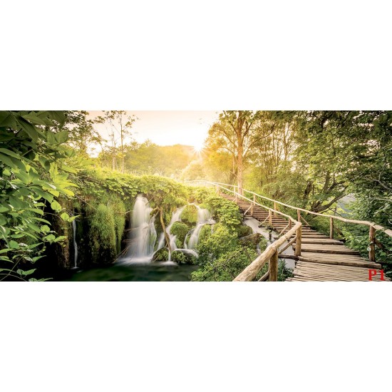Wallpapers mural forest bridge along waterfall