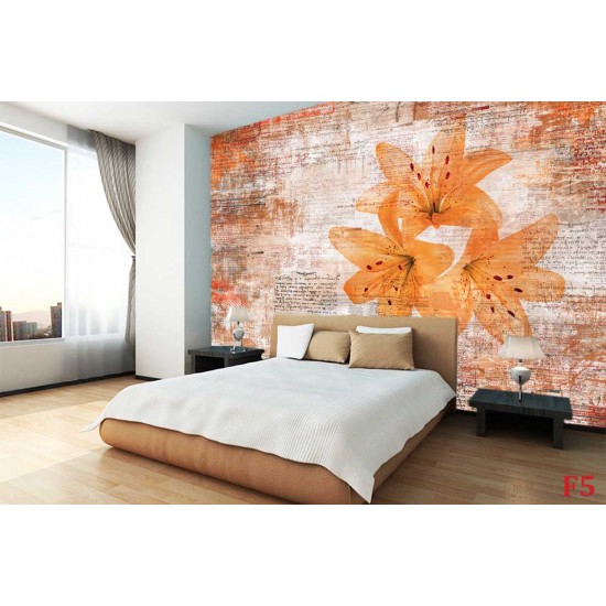 Wall murals art with inscriptions and flowers in gray and orange Wall murals art with inscriptions and flowers in gray and orange