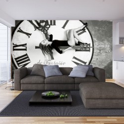 Wallpapers mural black-white round clock with a girl Wallpapers mural black-white round clock with a girl