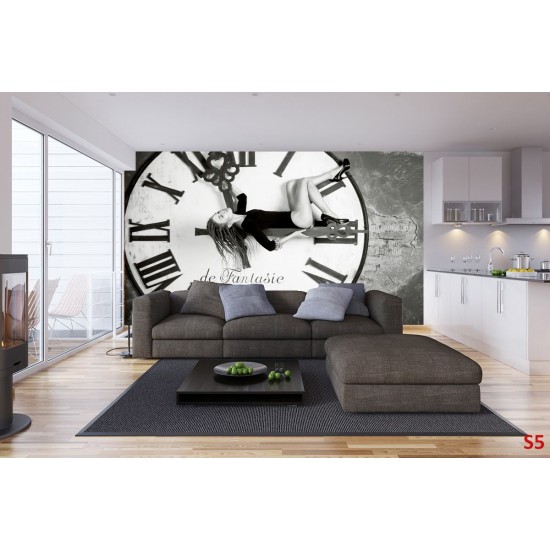 Wallpapers mural black-white round clock with a girl Wallpapers mural black-white round clock with a girl