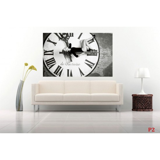 Wallpapers mural black-white round clock with a girl Wallpapers mural black-white round clock with a girl