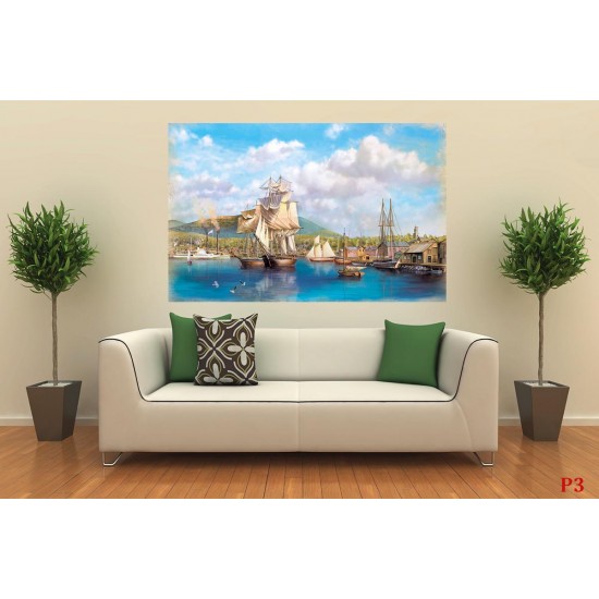 Wallpapers port with sailing ship painted landscape