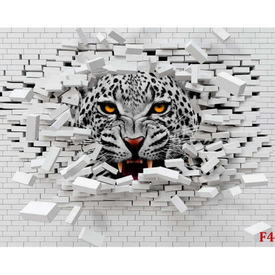 Photo mural broken brick wall with predatory leopard Photo mural broken brick wall with predatory leopard