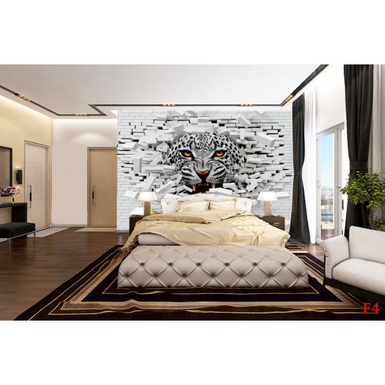 Photo mural broken brick wall with predatory leopard Photo mural broken brick wall with predatory leopard