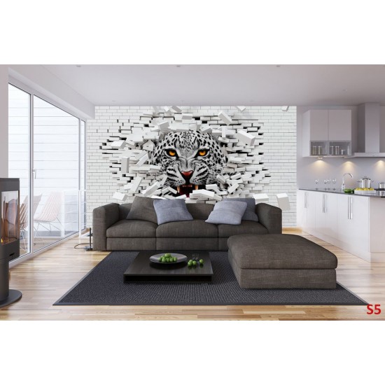 Photo mural broken brick wall with predatory leopard Photo mural broken brick wall with predatory leopard