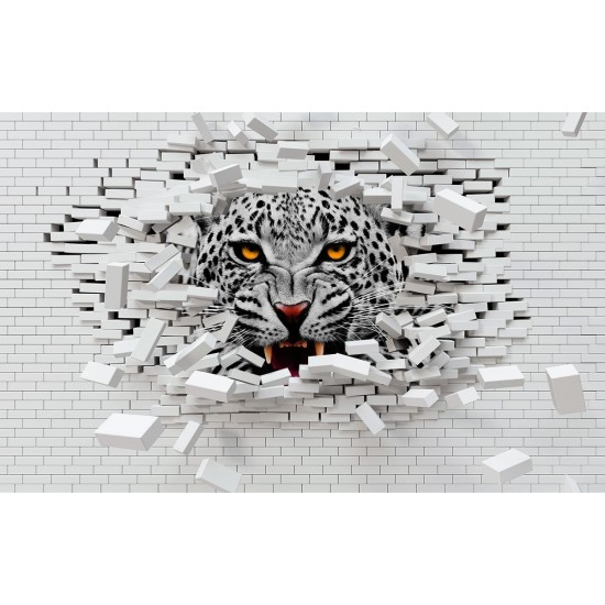 Photo mural broken brick wall with predatory leopard Photo mural broken brick wall with predatory leopard