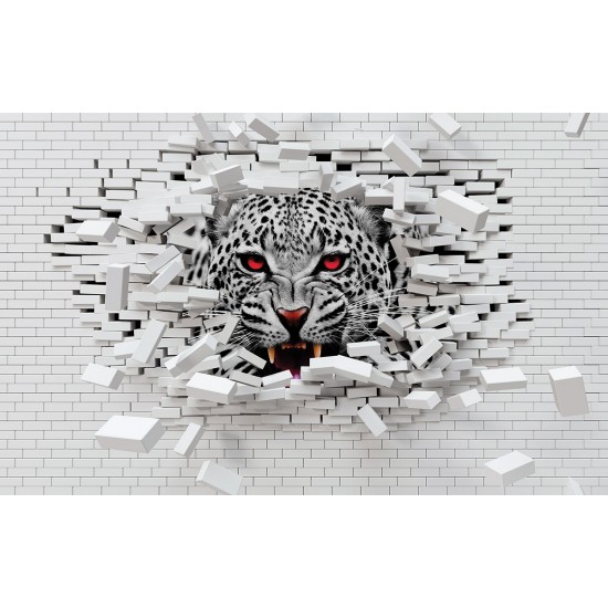 Photo mural broken brick wall with predatory leopard Photo mural broken brick wall with predatory leopard