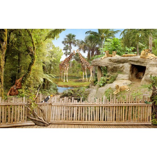 Photo mural zoo park with lions and giraffes Photo mural zoo park with lions and giraffes
