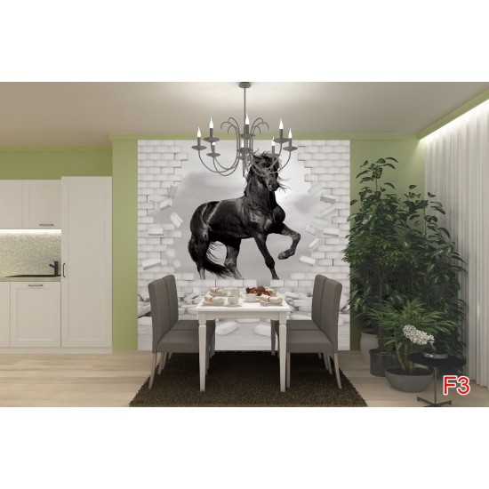 Wall mural black horse in the broken brick wall Wall mural black horse in the broken brick wall