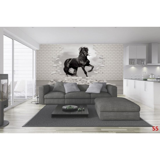 Wall mural black horse in the broken brick wall Wall mural black horse in the broken brick wall