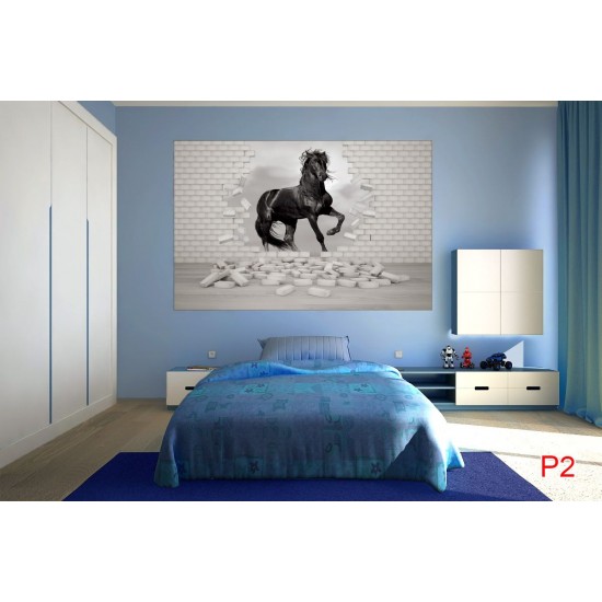 Wall mural black horse in the broken brick wall Wall mural black horse in the broken brick wall