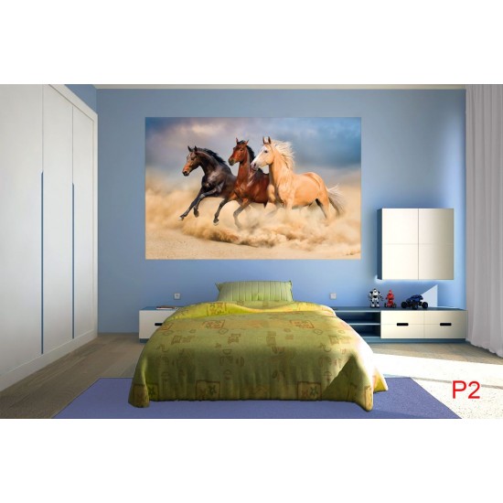 Wall mural color horses on sunset background 