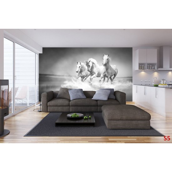 Wall mural Trio gray horses galloping in water