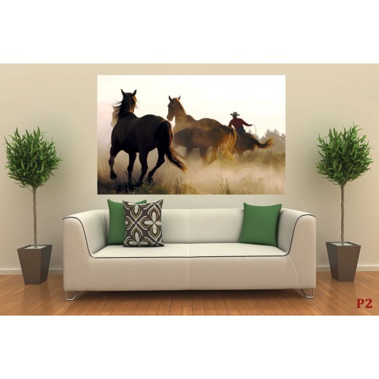 Wall mural with wild horses and a cowboy