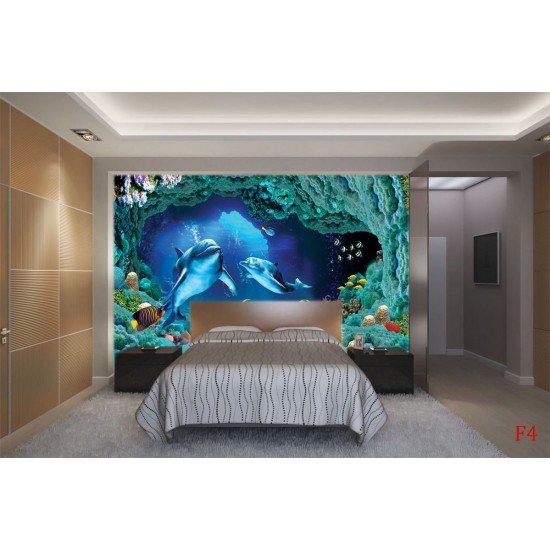 Wallpapers mural 3D visualization sea bottom with dolphins in 2 colors Wallpapers mural 3D visualization sea bottom with dolphins in 2 colors