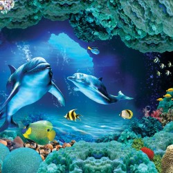 Wallpapers mural 3D visualization sea bottom with dolphins in 2 colors