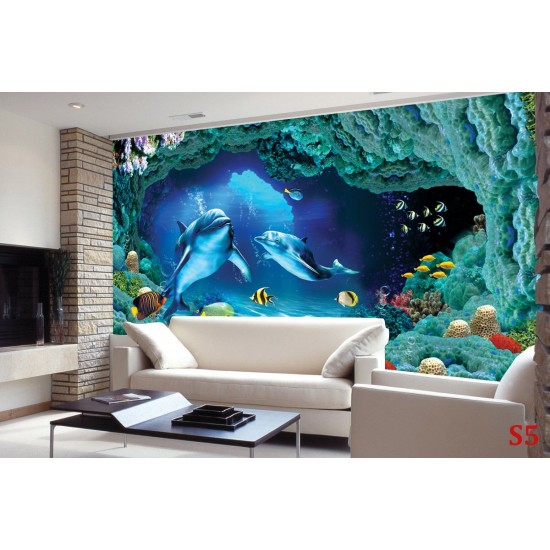 Wallpapers mural 3D visualization sea bottom with dolphins in 2 colors Wallpapers mural 3D visualization sea bottom with dolphins in 2 colors