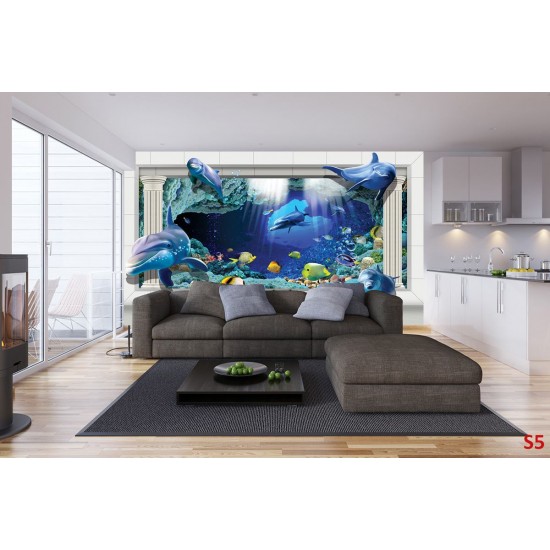 Wallpapers mural 3d view with dolphins and columns