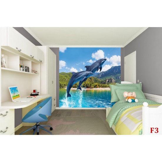 Photo mural jumping dolphins amid mountain views Photo mural jumping dolphins amid mountain views