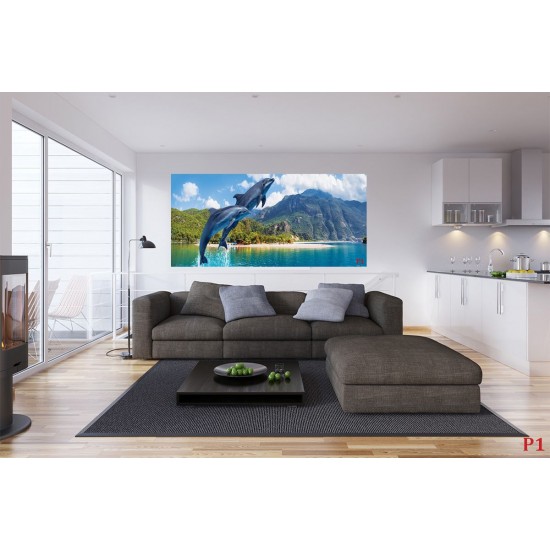 Photo mural jumping dolphins amid mountain views Photo mural jumping dolphins amid mountain views