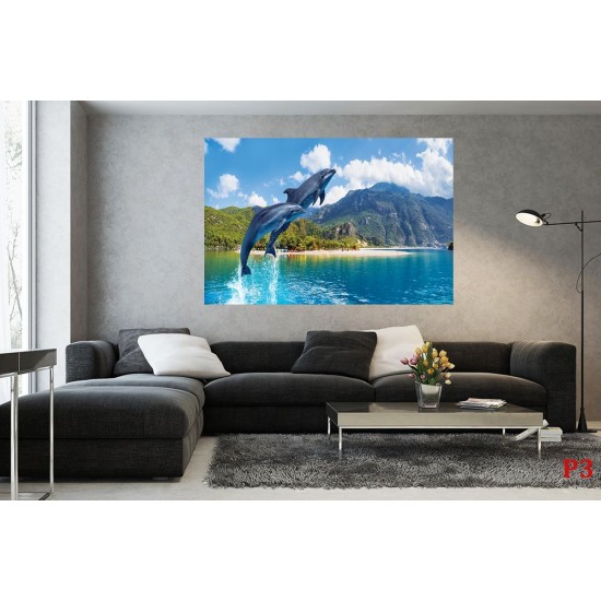 Photo mural jumping dolphins amid mountain views Photo mural jumping dolphins amid mountain views