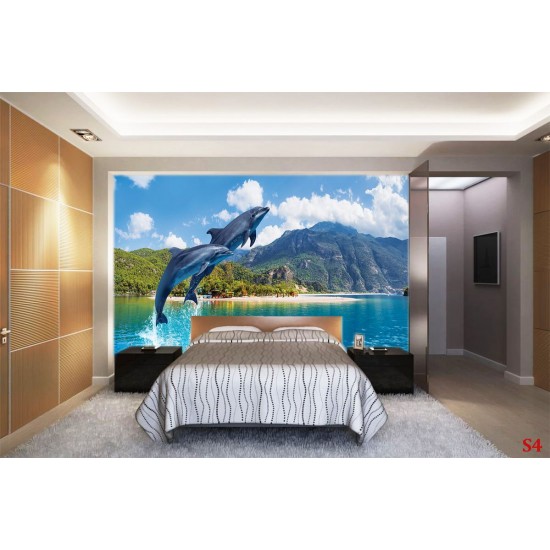 Photo mural jumping dolphins amid mountain views Photo mural jumping dolphins amid mountain views