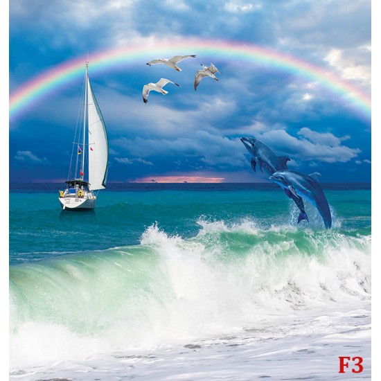 Wall mural sea waves and leaping dolphins with a rainbow background