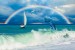 Wall mural sea waves and leaping dolphins with a rainbow background