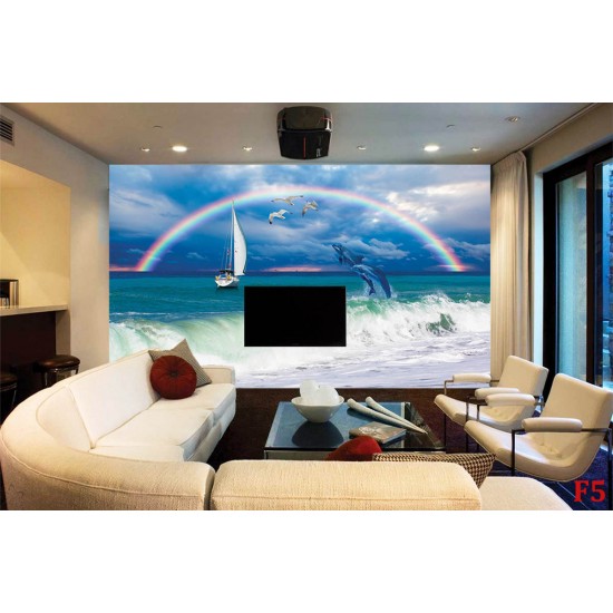 Wall mural sea waves and leaping dolphins with a rainbow background