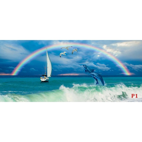 Wall mural sea waves and leaping dolphins with a rainbow background
