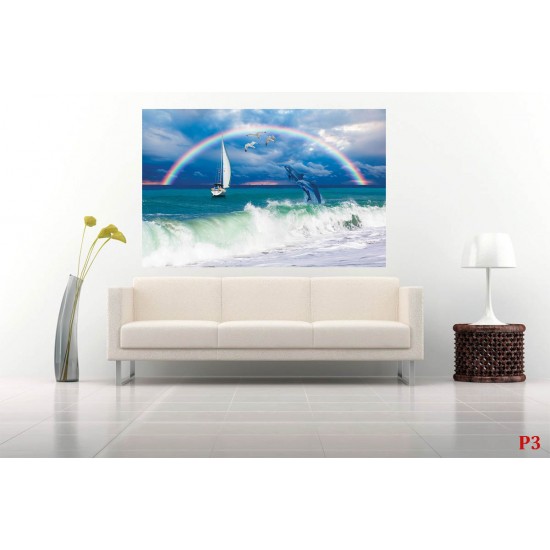 Wall mural sea waves and leaping dolphins with a rainbow background